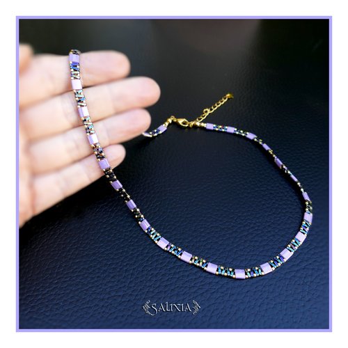 Collier alya perles japonaises violet parme mousqueton acier inoxydable doré or fin 24 carats (#c381)
