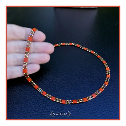 Collier alya perles japonaises terracotta mousqueton acier inoxydable doré or fin 24 carats (#c382)