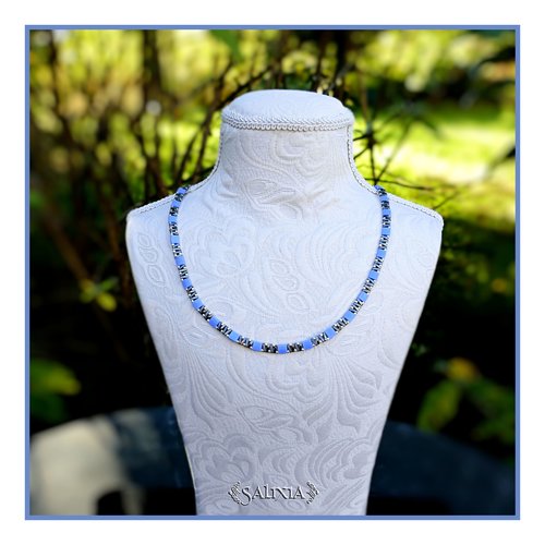 Collier alya perles japonaises bleu pervenche mousqueton acier inoxydable (#c383)