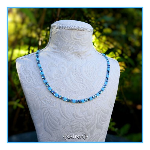 Collier alya perles japonaises bleu turquoise mousqueton acier inoxydable (#c384)