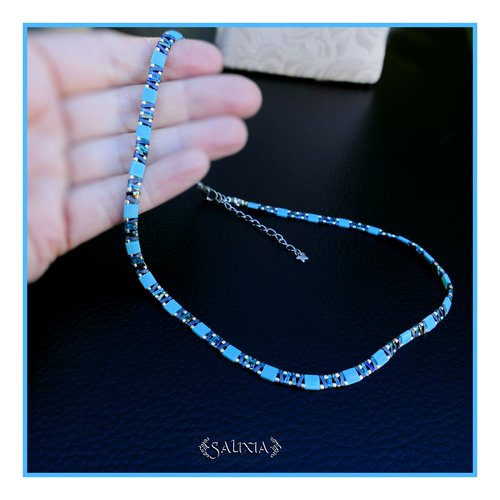 Collier alya perles japonaises bleu turquoise mousqueton acier inoxydable (#c384)