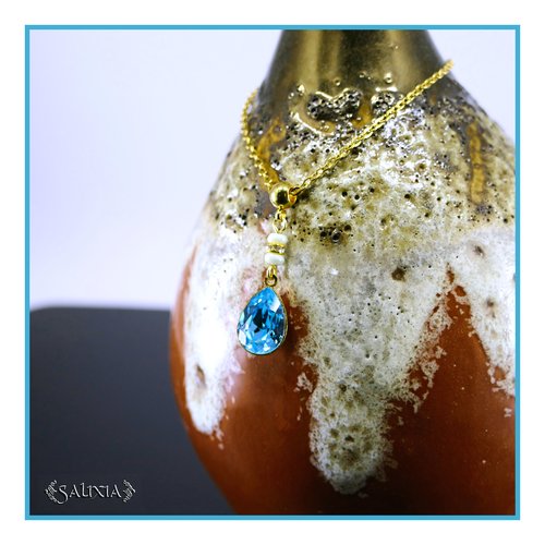 Collier pendentif cristal turquoise perles de bohème strass cristal chaine et mousqueton acier inoxydable doré or 24 carats (#c390)