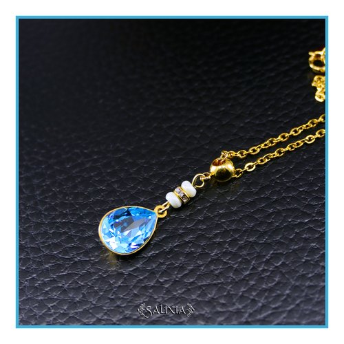 Collier pendentif cristal turquoise perles de bohème strass cristal chaine et mousqueton acier inoxydable doré or 24 carats (#c390)