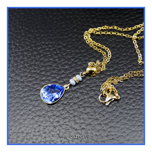Collier pendentif cristal bleu perles de bohème strass cristal chaine et mousqueton acier inoxydable doré or 24 carats (#c391)