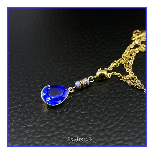 Collier pendentif cristal bleu royal perles bohème strass cristal chaine et mousqueton acier inoxydable doré or 24 carats (#c392)