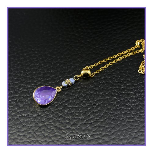 Collier pendentif cristal lavande perles bohème strass cristal chaine et mousqueton acier inoxydable doré or 24 carats (#c393)