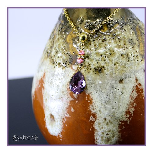 Collier pendentif cristal rose antique perles bohème strass cristal chaine et mousqueton acier inoxydable doré or 24 carats (#c394)