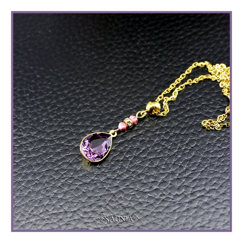 Collier pendentif cristal rose antique perles bohème strass cristal chaine et mousqueton acier inoxydable doré or 24 carats (#c394)