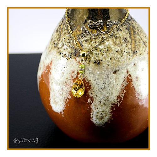 Collier pendentif cristal topaze perles bohème strass cristal chaine et mousqueton acier inoxydable doré or 24 carats (#c396)