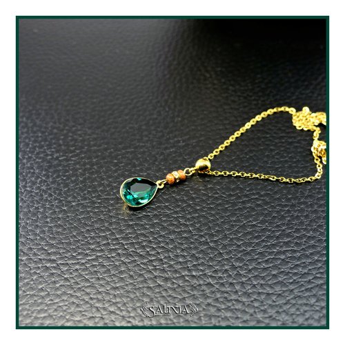 Collier pendentif cristal émeraude perles bohème strass cristal chaine et mousqueton acier inoxydable doré or 24 carats (#c397)