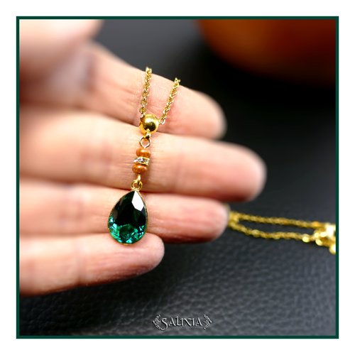 Collier pendentif cristal émeraude perles bohème strass cristal chaine et mousqueton acier inoxydable doré or 24 carats (#c397)