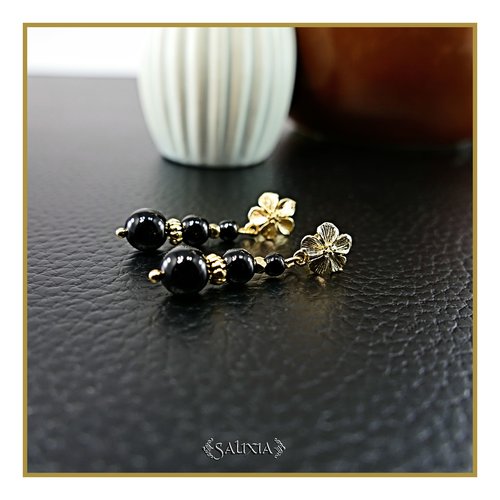 Boucles d'oreilles agate noires perles dorées or fin 24 carats puces fleurs ou option crochets acier inoxydable doré (#bo949)