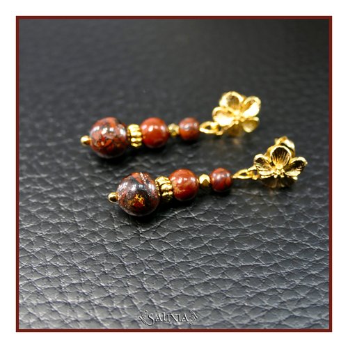 Boucles d'oreilles jaspe bréchique perles dorées or fin 24 carats puces fleurs ou option crochets acier inoxydable doré (#bo953)