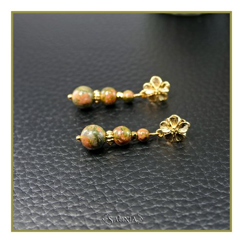 Boucles d'oreilles unakite perles dorées or fin 24 carats puces fleurs ou option crochets acier inoxydable doré (#bo954)