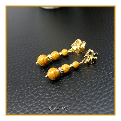 Boucles d'oreilles jaspe wood lace perles dorées or fin 24 carats puces fleurs ou option crochets acier inoxydable doré (#bo955)