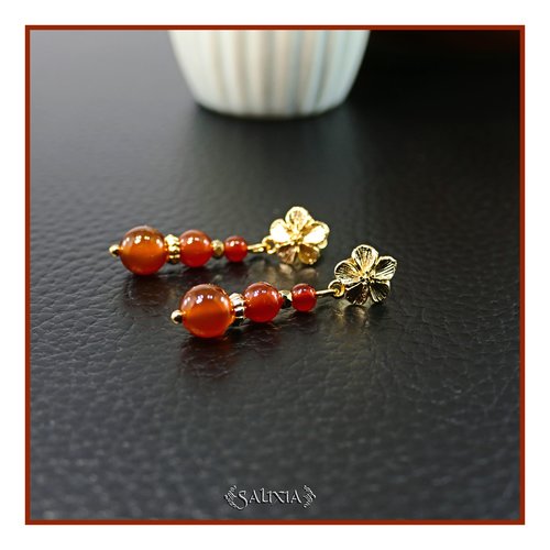 Boucles d'oreilles cornaline perles dorées or fin 24 carats puces fleurs ou option crochets acier inoxydable doré (#bo958)