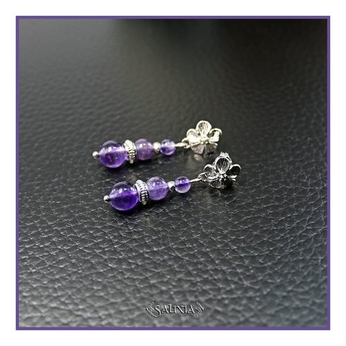 Boucles d'oreilles améthyste puces fleurs laiton rhodié ou option crochets acier inoxydable (#bo959)