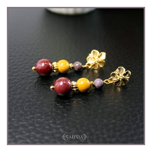 Boucles d'oreilles jaspe mokaïte perles dorées or fin 24 carats puces fleurs ou option crochets acier inoxydable doré (#bo962)