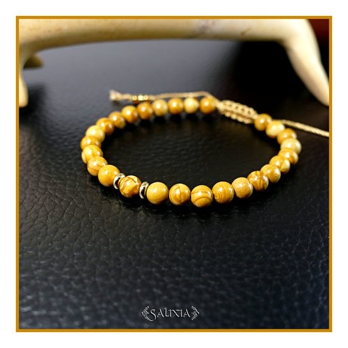 Bracelet jaspe wood lace ou bois pétrifié perles heishi acier inoxydable doré (#bc464)