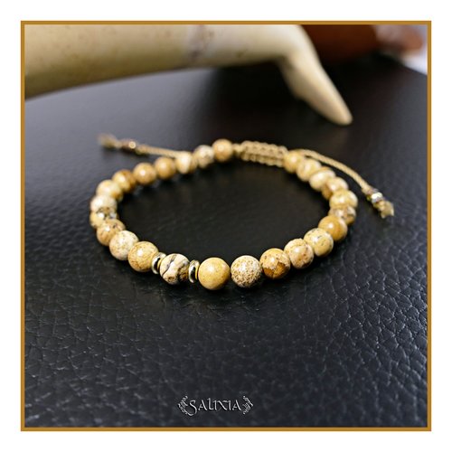 Bracelet pierres fines de jaspe paysage perles heishi acier inoxydable doré (#bc484)