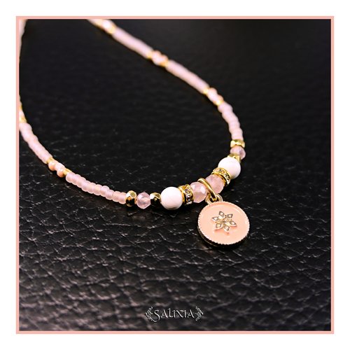 Collier pendentif fleur quartz rose howlite blanc strass cristal perles japonaises rose givrées perles plaqué or 24 carats (#c385)
