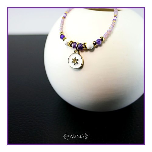 Collier pendentif fleur améthyste howlite blanc strass cristal perles japonaises améthyste givrées perles plaqué or 24 carats (#c386)