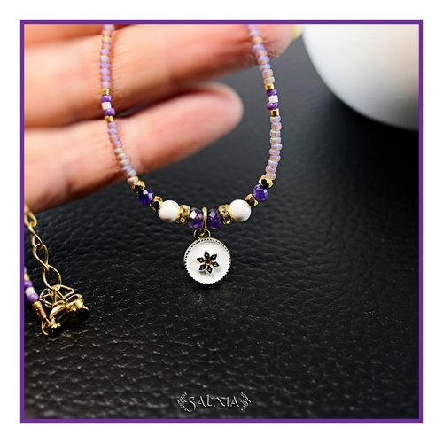 Collier pendentif fleur améthyste howlite blanc strass cristal perles japonaises améthyste givrées perles plaqué or 24 carats (#c386)