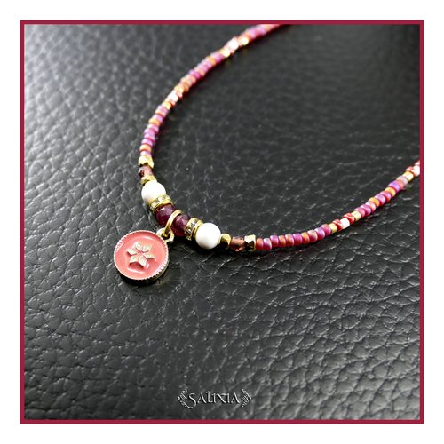 Collier pendentif fleur quartz grenat howlite blanc strass cristal perles japonaises rouge givrées perles plaqué or 24 carats (#c387)