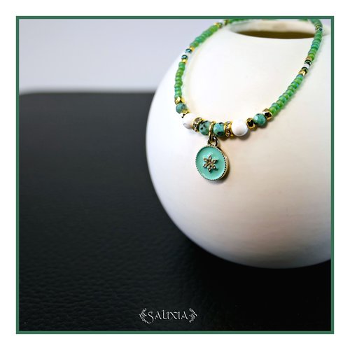 Collier pendentif fleur turquoise africaine howlite blanc strass cristal perles japonaises vert givré perles plaqué or 24 carats (#c389)