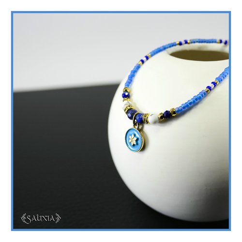 Collier pendentif fleur lapis lazuli howlite blanc strass cristal perles japonaises bleu givré perles plaqué or 24 carats (#c388)