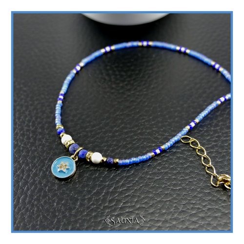 Collier pendentif fleur lapis lazuli howlite blanc strass cristal perles japonaises bleu givré perles plaqué or 24 carats (#c388)
