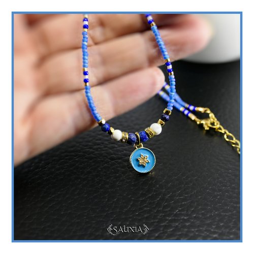 Collier pendentif fleur lapis lazuli howlite blanc strass cristal perles japonaises bleu givré perles plaqué or 24 carats (#c388)