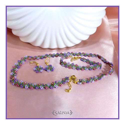 Collier frise petites fleurs tissé à l'aiguille perles de verre japonaises mousqueton acier inoxydable doré or fin 18 carats (#c398.a)