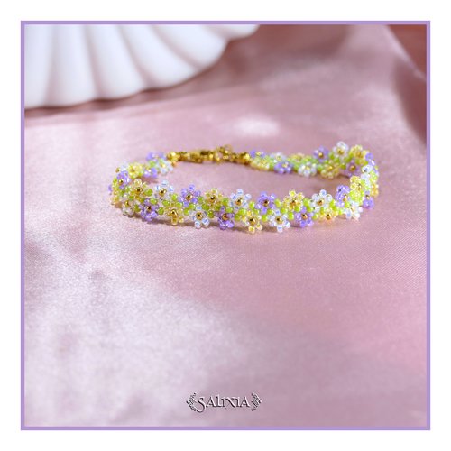 Bracelet tissé à l'aiguille frise petites fleurs perles en verre japonaises mousqueton acier inoxydable doré (#bc487.a)