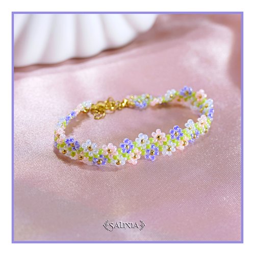 Bracelet tissé à l'aiguille frise petites fleurs perles en verre japonaises mousqueton acier inoxydable doré (#bc488)