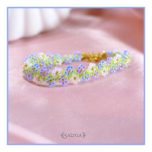 Bracelet frise petites fleurs tissé à l'aiguille en perles de verre japonaises mousqueton acier inoxydable doré (#bc489)