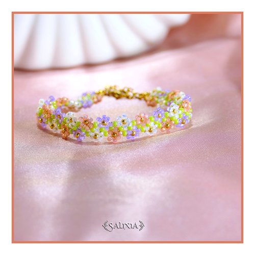 Bracelet frise petites fleurs tissé à l'aiguille en perles de verre japonaises mousqueton acier inoxydable doré (#bc490)