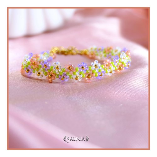 Bracelet frise petites fleurs tissé à l'aiguille en perles de verre japonaises mousqueton acier inoxydable doré (#bc490)