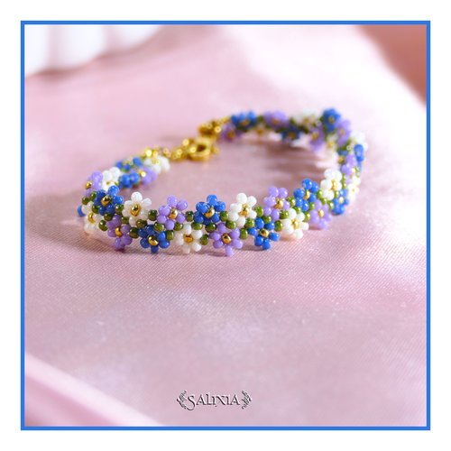 Bracelet frise petites fleurs tissé à l'aiguille en perles de verre japonaises mousqueton acier inoxydable doré (#bc491)