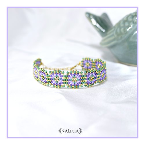 Bracelet granny square tissé à l'aiguille perles de verre japonaises fermoir acier inoxydable doré (#bc494)