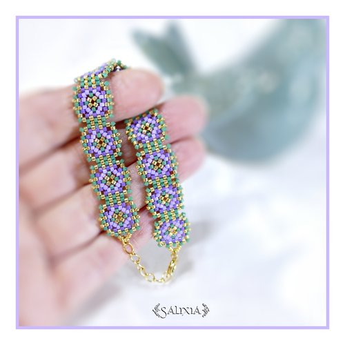 Bracelet granny square tissé à l'aiguille perles de verre japonaises fermoir acier inoxydable doré (#bc494)