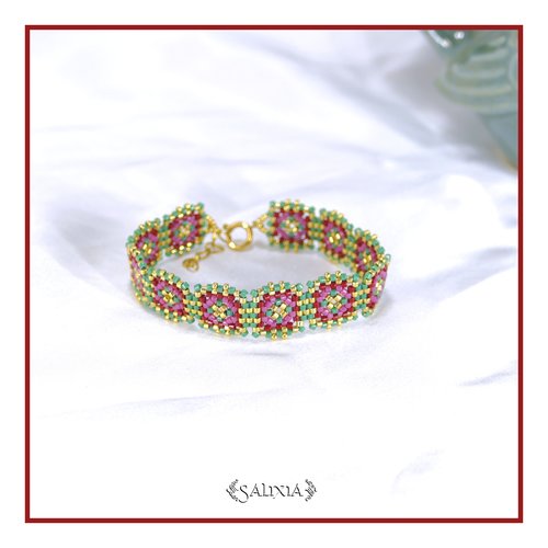 Bracelet granny square tissé à l'aiguille perles de verre japonaises fermoir acier inoxydable doré (#bc495)