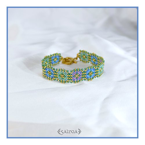 Bracelet granny square tissé à l'aiguille perles de verre japonaises fermoir toggle acier inoxydable doré (#bc500)