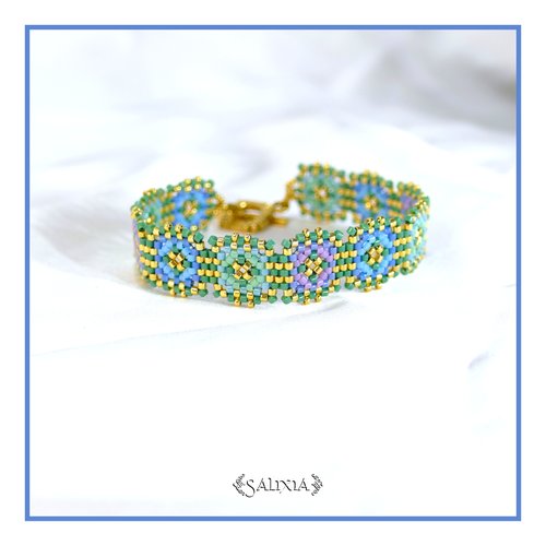 Bracelet granny square tissé à l'aiguille perles de verre japonaises fermoir toggle acier inoxydable doré (#bc500)