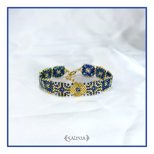 Bracelet granny square tissé à l'aiguille perles de verre japonaises fermoir acier inoxydable doré (#bc501)