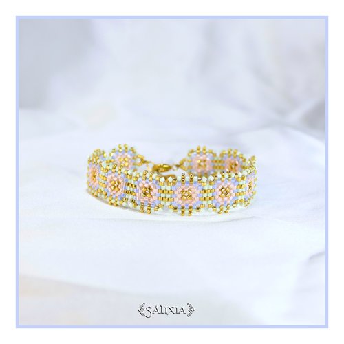 Bracelet granny square tissé à l'aiguille perles de verre japonaises fermoir acier inoxydable doré (#bc503)