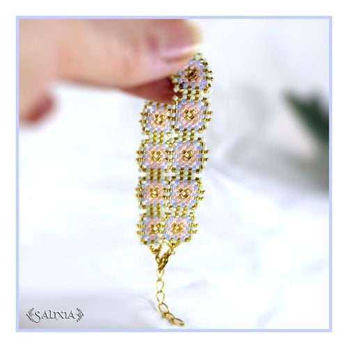 Bracelet granny square tissé à l'aiguille perles de verre japonaises fermoir acier inoxydable doré (#bc503)