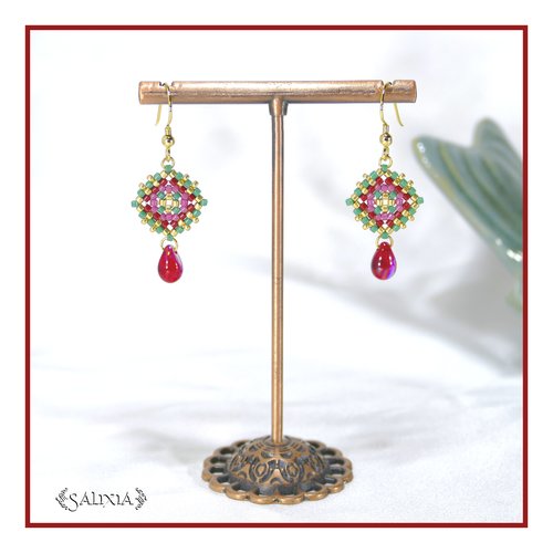 Boucles d'oreilles granny square perles de verre japonaises crochets ou dormeuses acier inoxydable doré (#bo966)