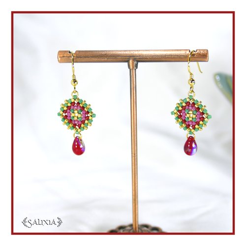 Boucles d'oreilles granny square perles de verre japonaises crochets ou dormeuses acier inoxydable doré (#bo966)
