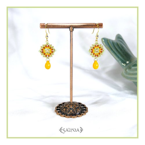 Boucles d'oreilles granny square perles de verre japonaises crochets ou dormeuses acier inoxydable doré (#bo967)